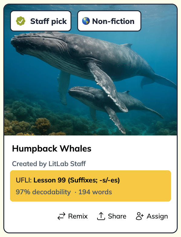 Nonfiction Grab-and-Go card for Humpback Whales, a staff pick aligned to UFLI Lesson 99 (Suffixes -s/-es) with a realistic photo of two whales