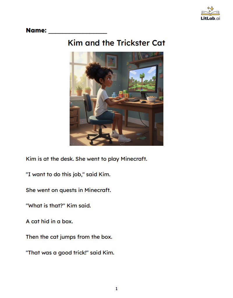 One-illustration fiction decodable titled Kim and the Trickster Cat, featuring a girl playing Minecraft at her desk