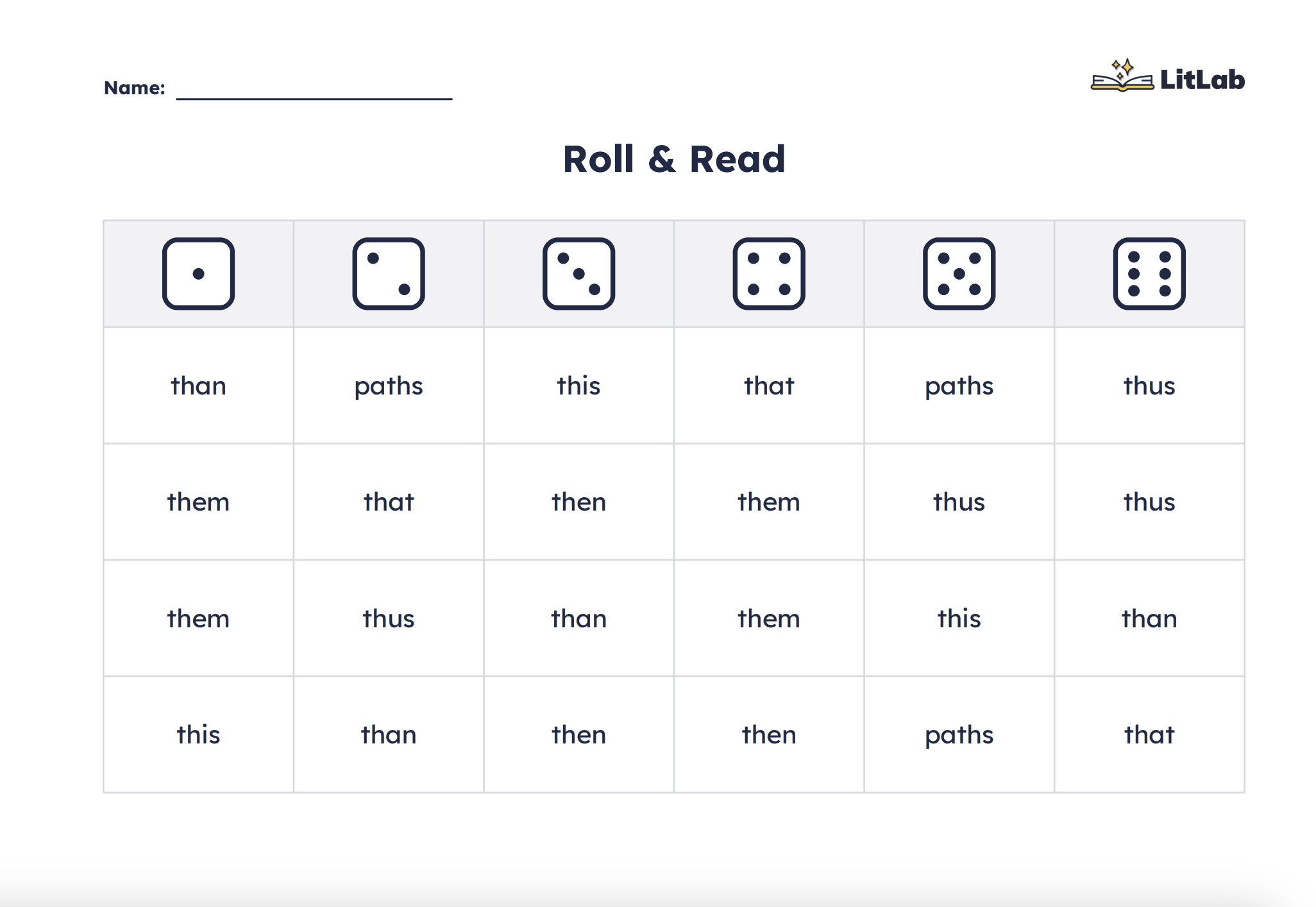 Roll & Read printable with a grid of target skill words under each die face