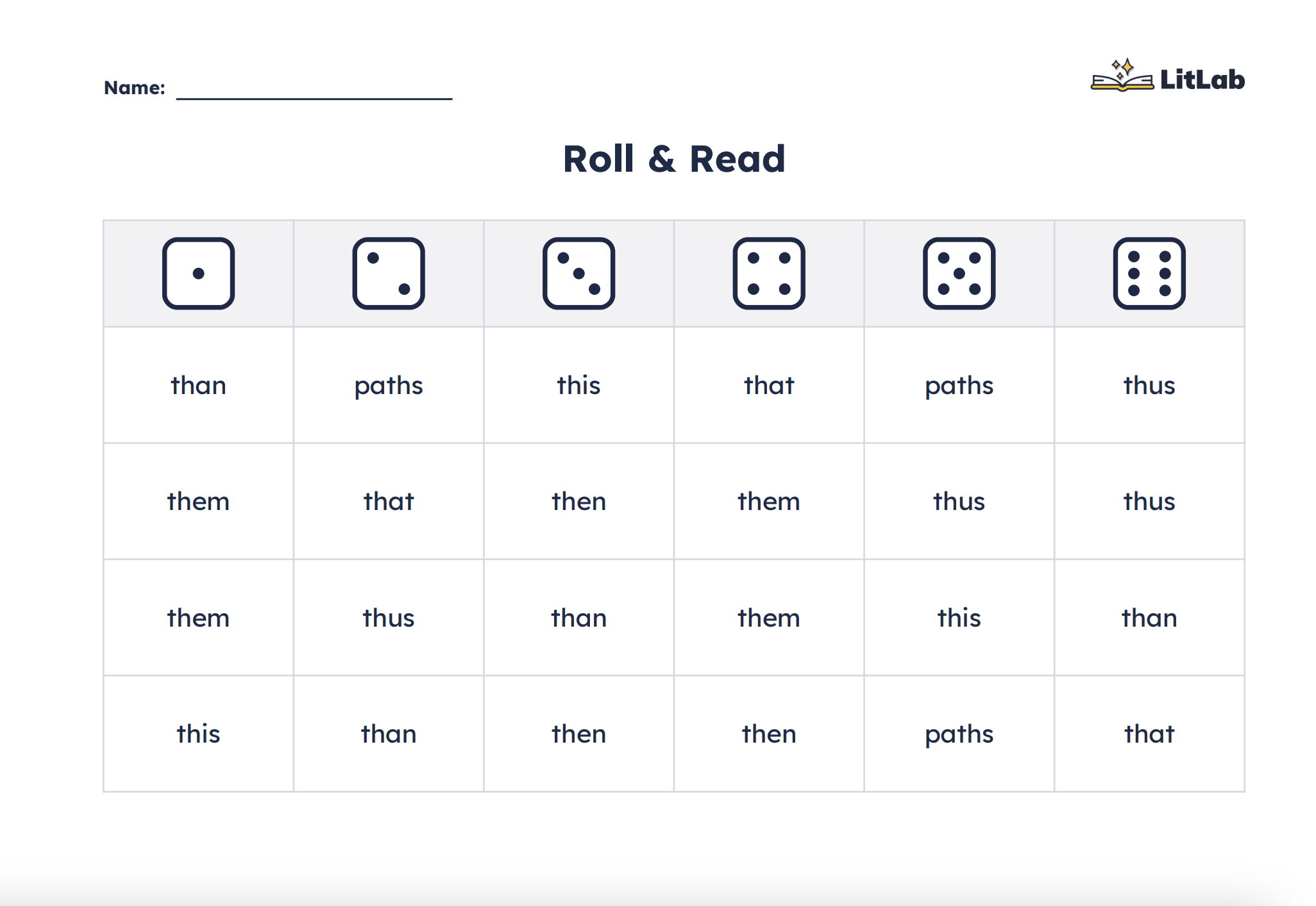 Roll & Read printable with a grid of target skill words under each die face
