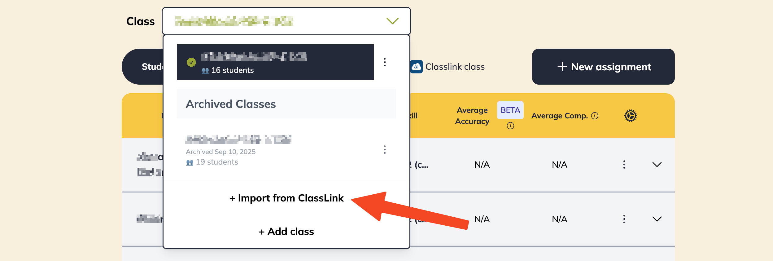 Import from ClassLink option at the bottom of the Class drop-down on the teacher dashboard
