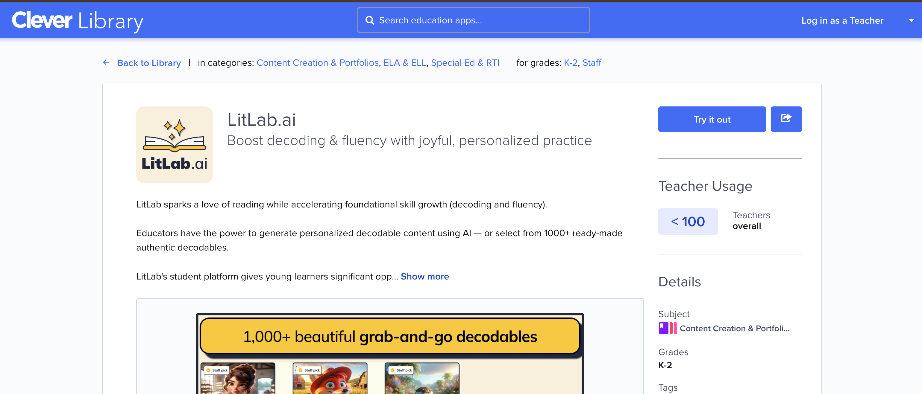 LitLab app page in the Clever Library