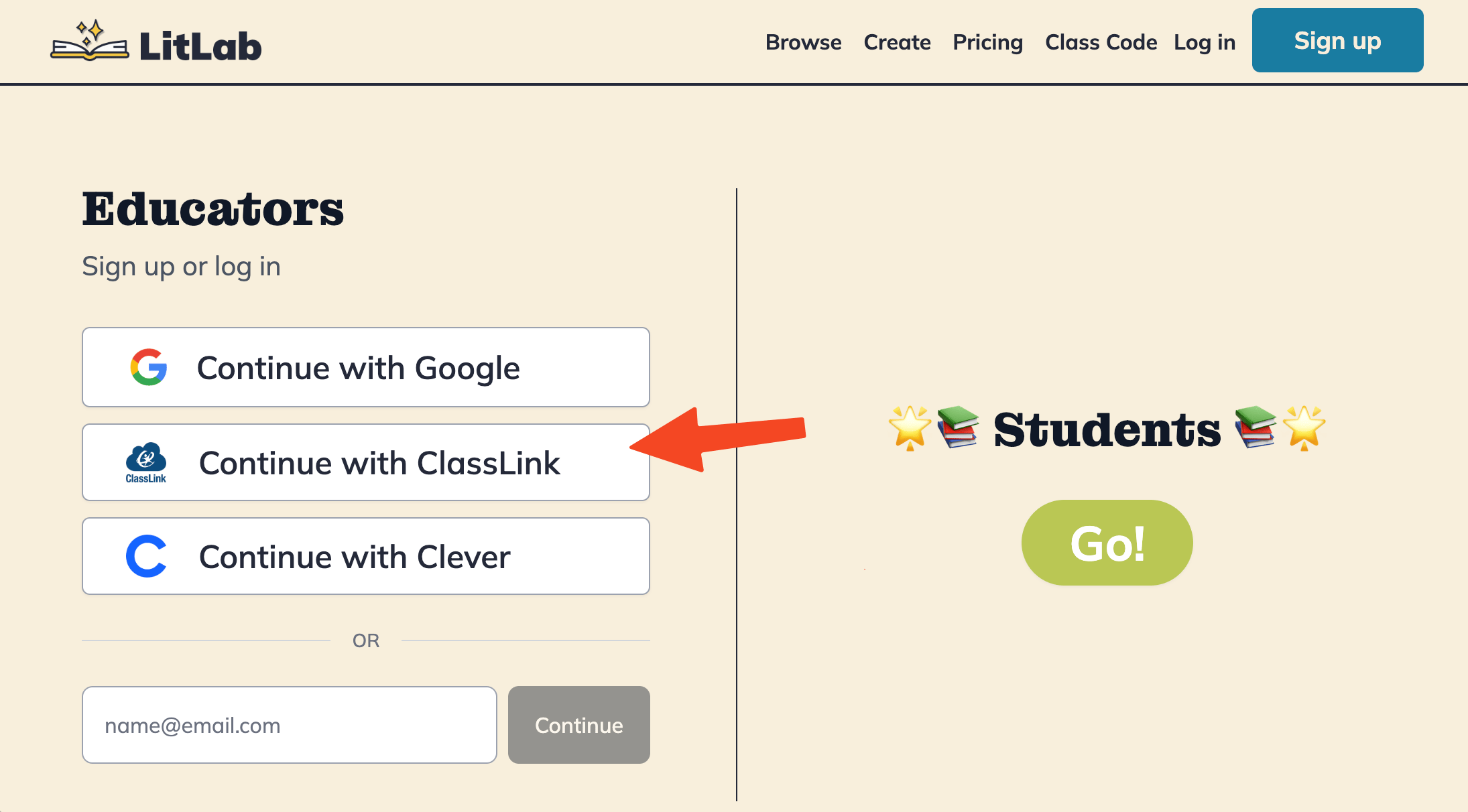 Sign in with ClassLink button on the LitLab sign-in page