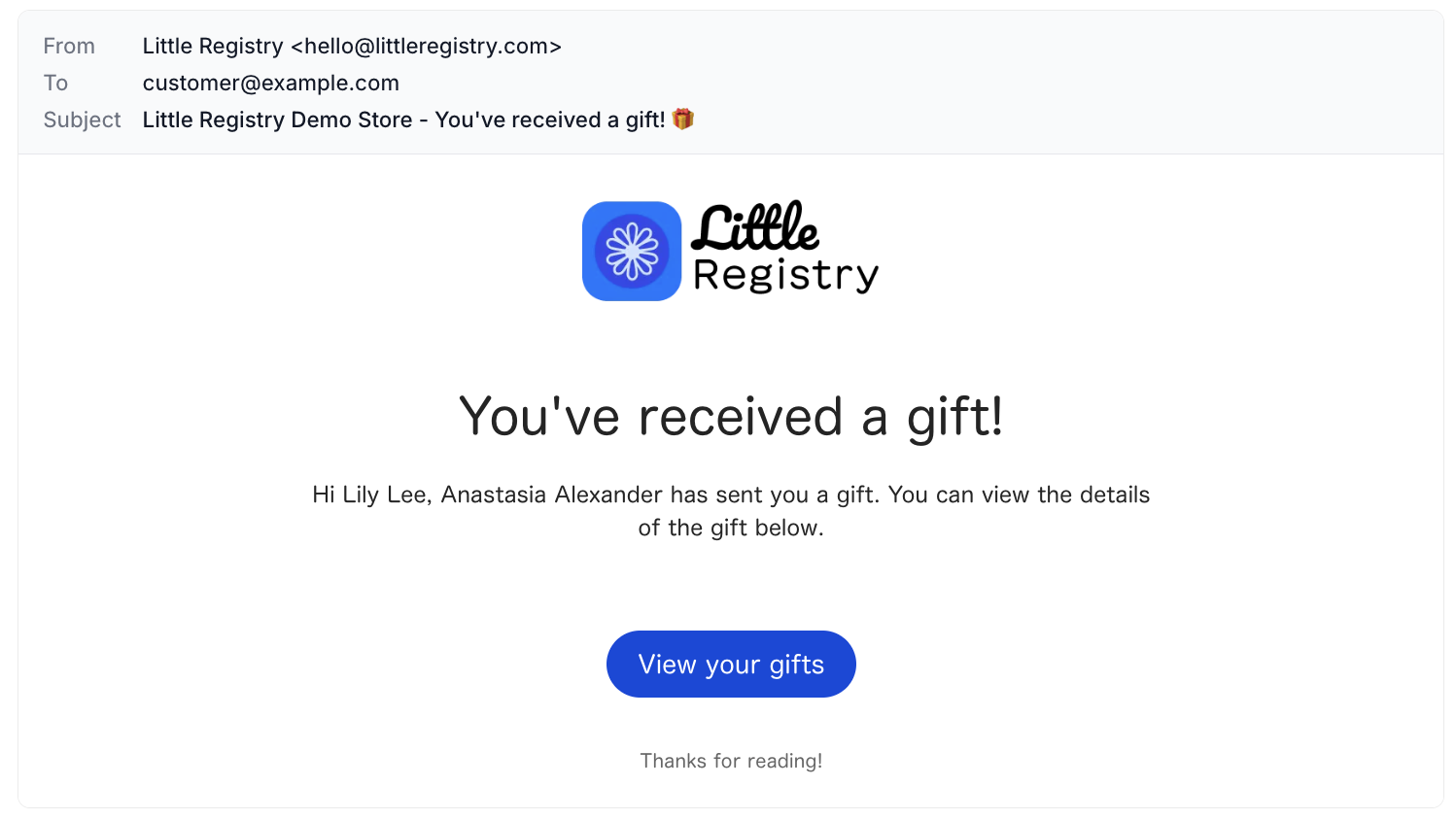 Order Confirmation For Registry Owner Email