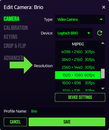 Selectcameraresolution