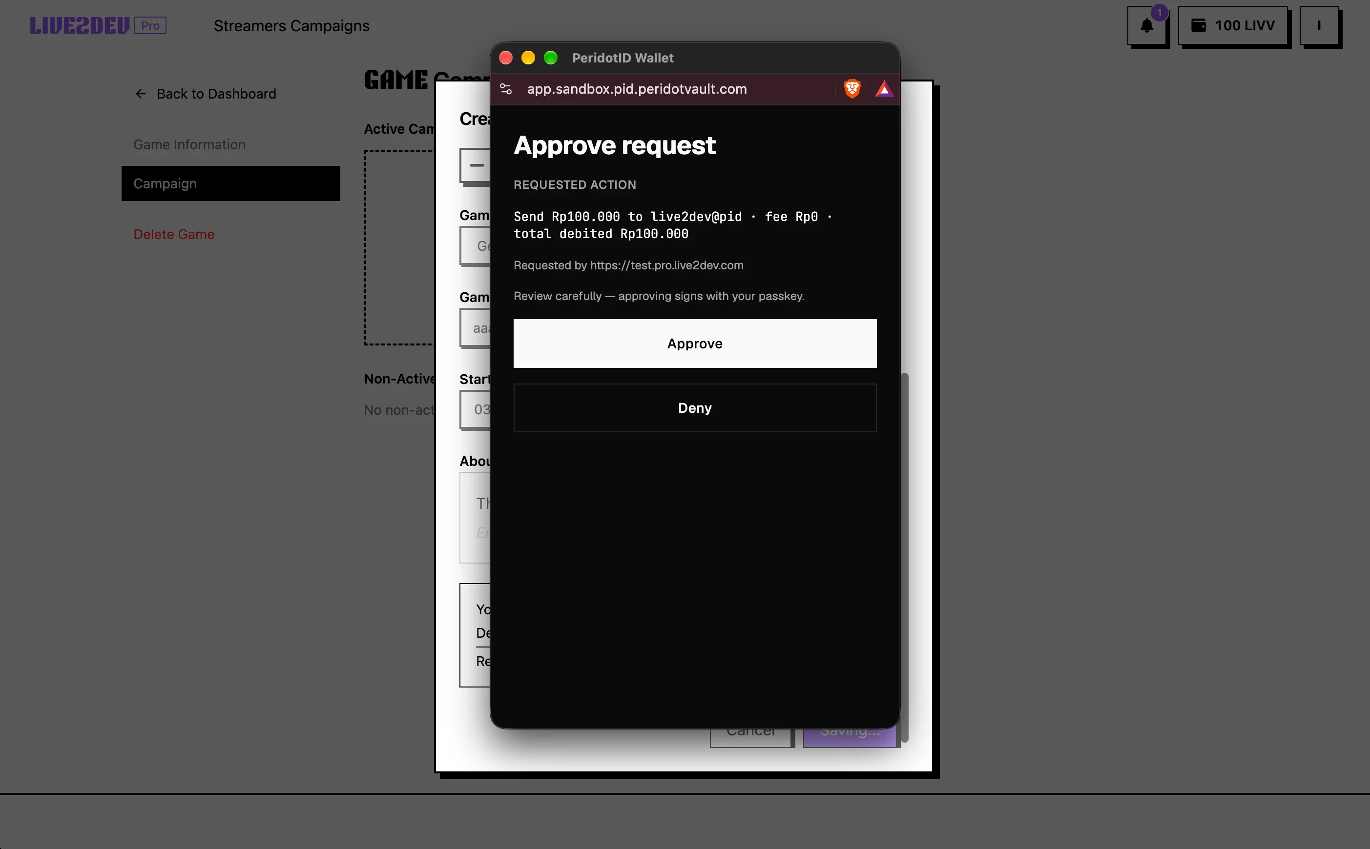 Approve popup PeridotID untuk mendanai escrow