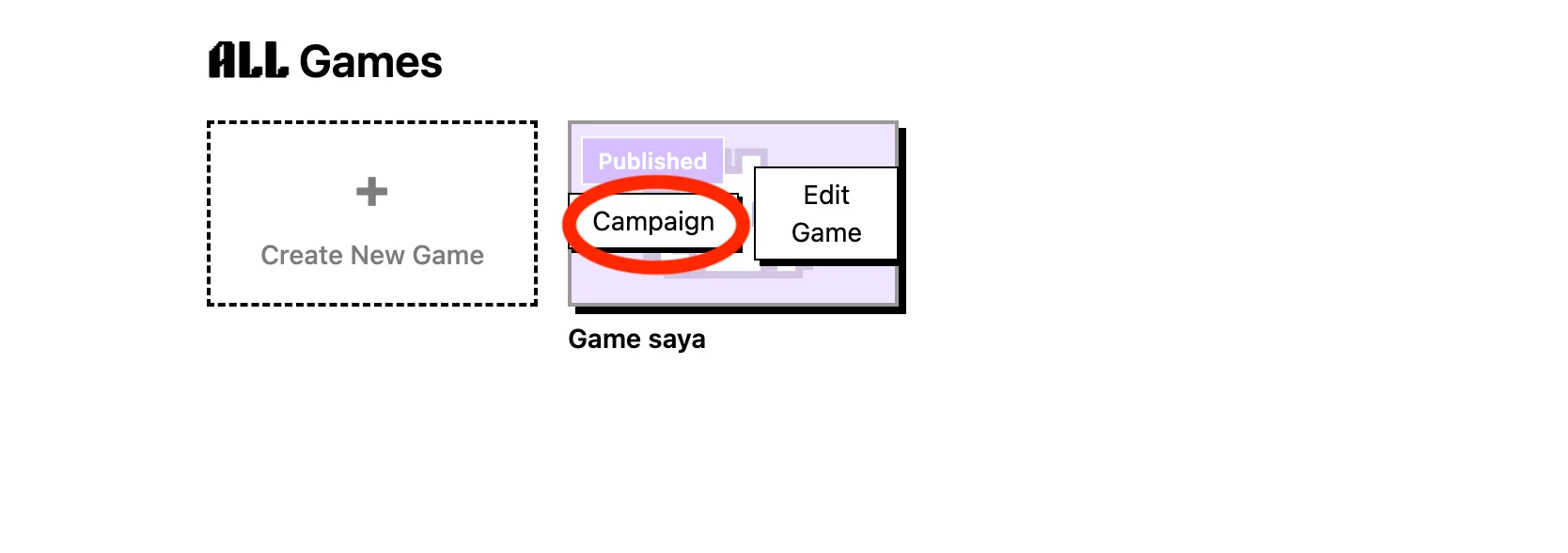 Hover kartu game dan buka Campaign