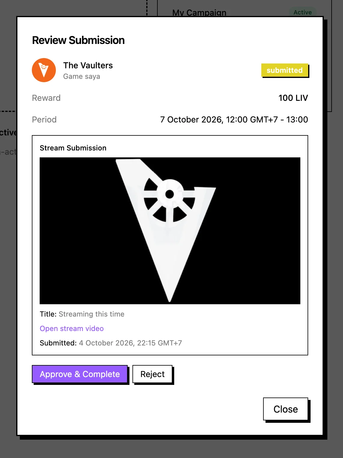 Approval modal for the streaming submission