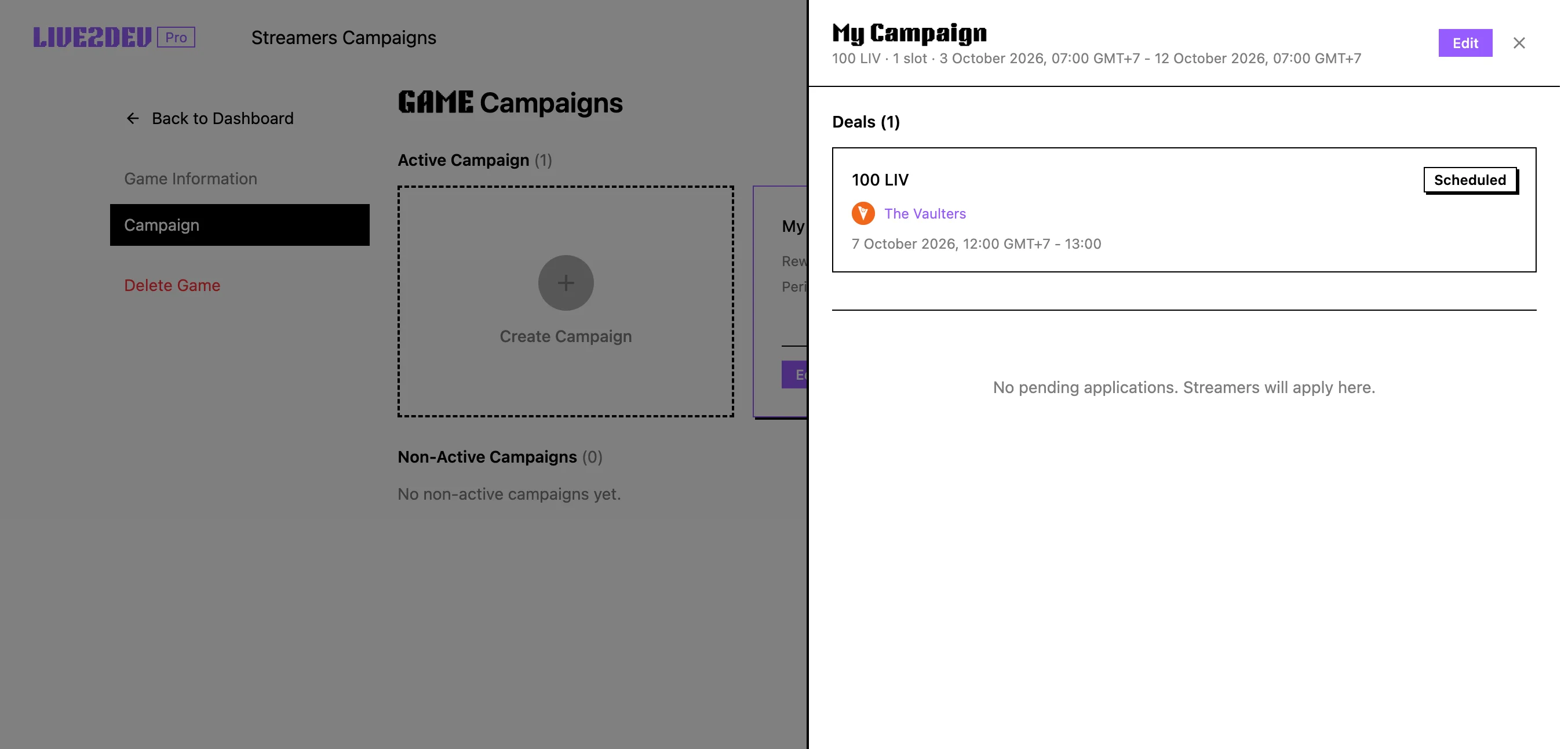 Game campaign details with dealed streamers