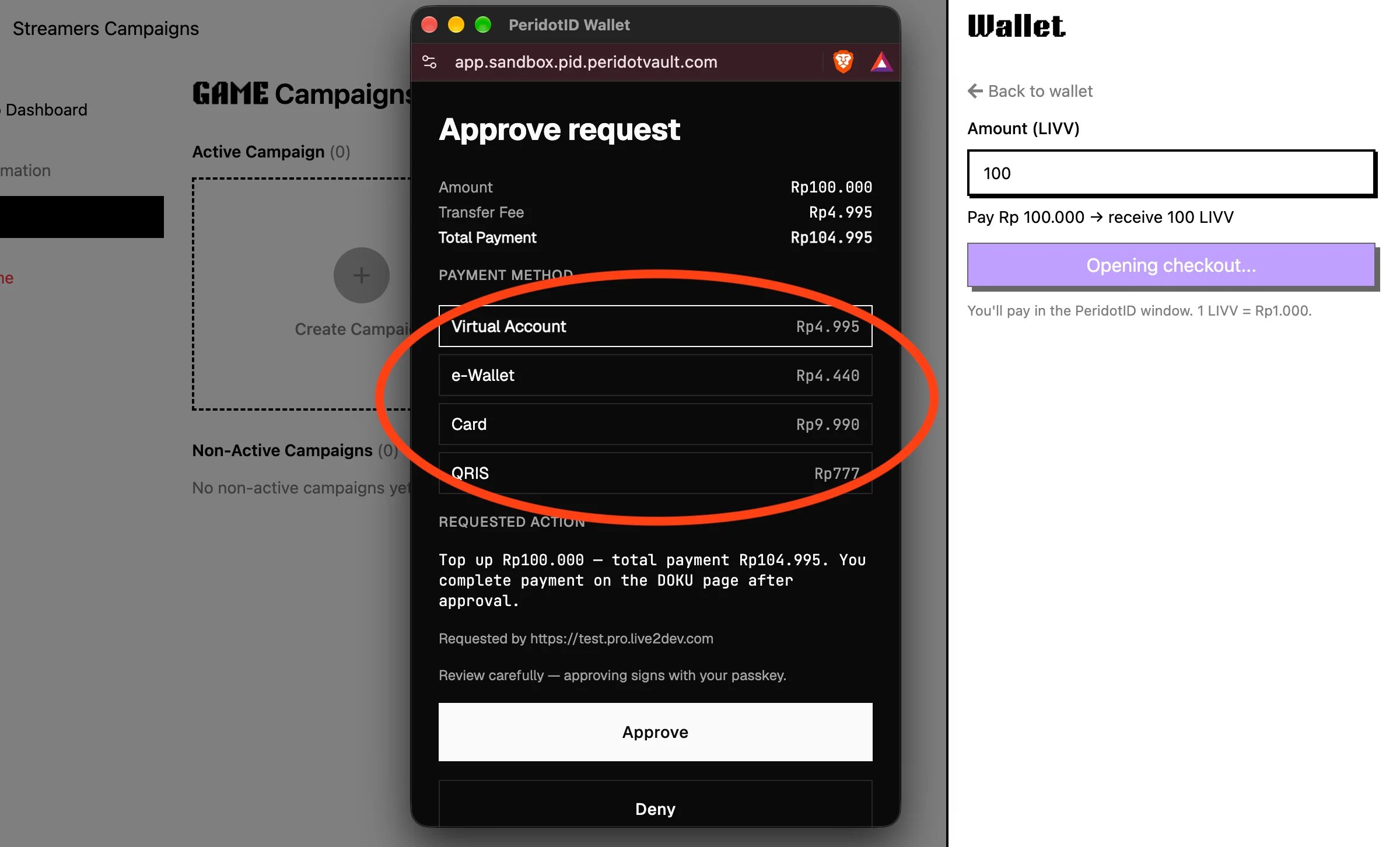 Choose a payment method in the popup