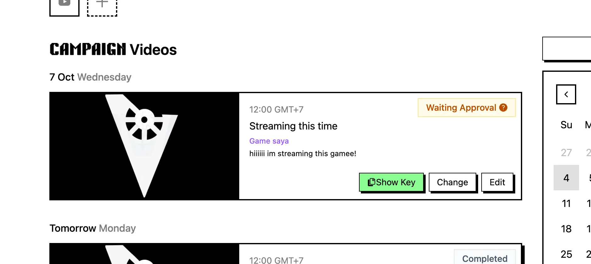 Campaign Videos dengan game key dan status video