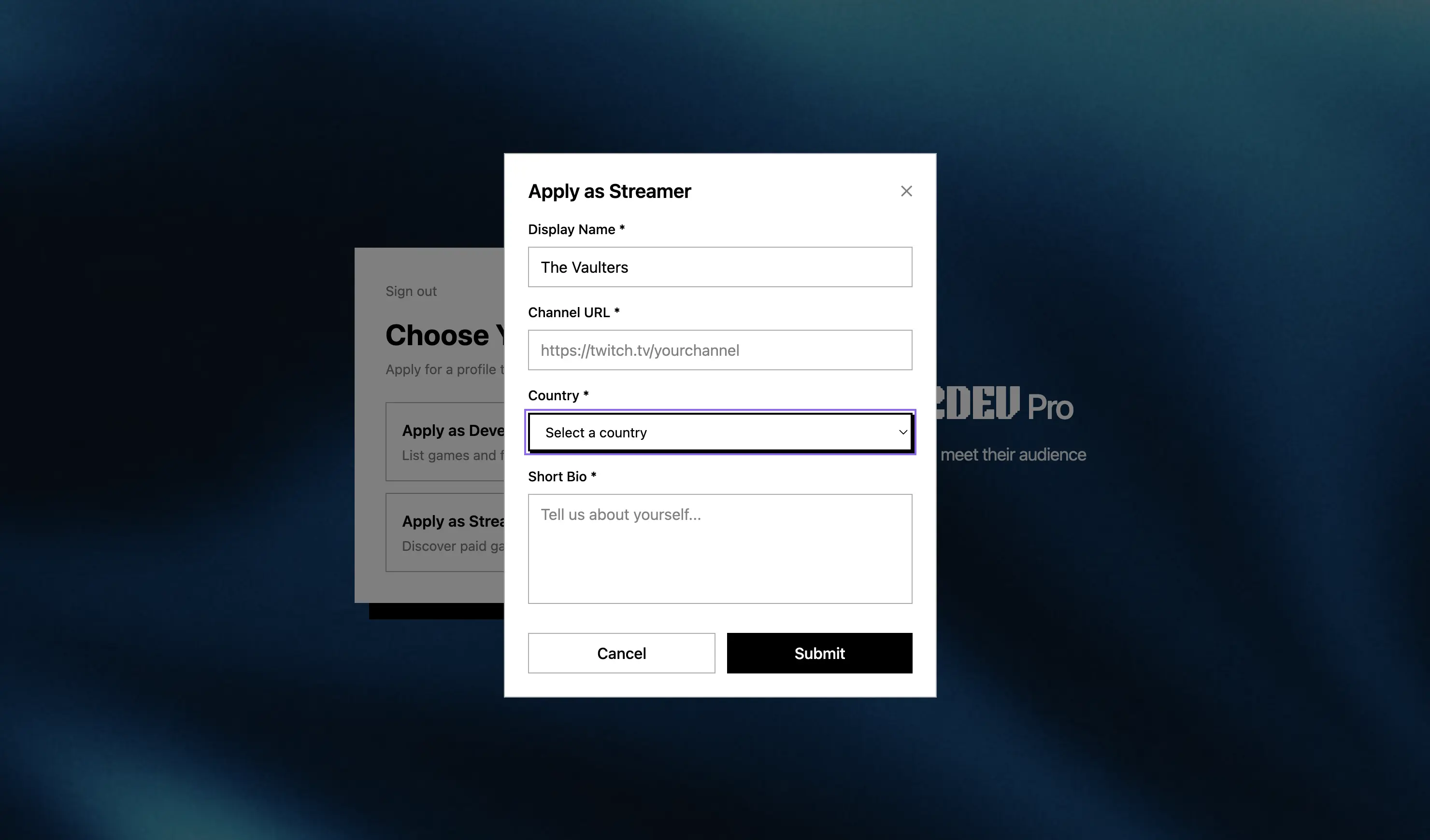 Formulir Apply as Streamer