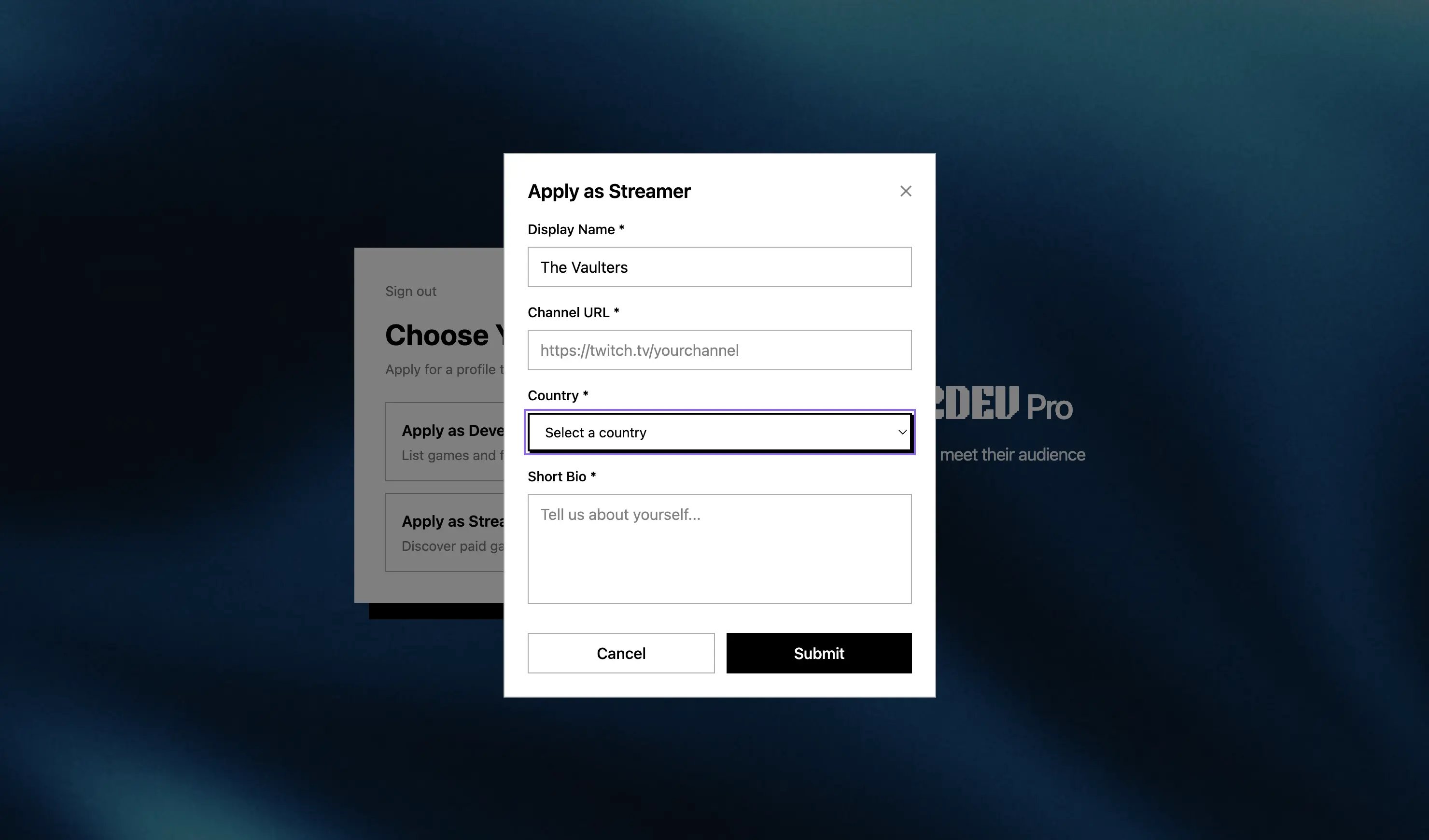 Formulir Apply as Streamer