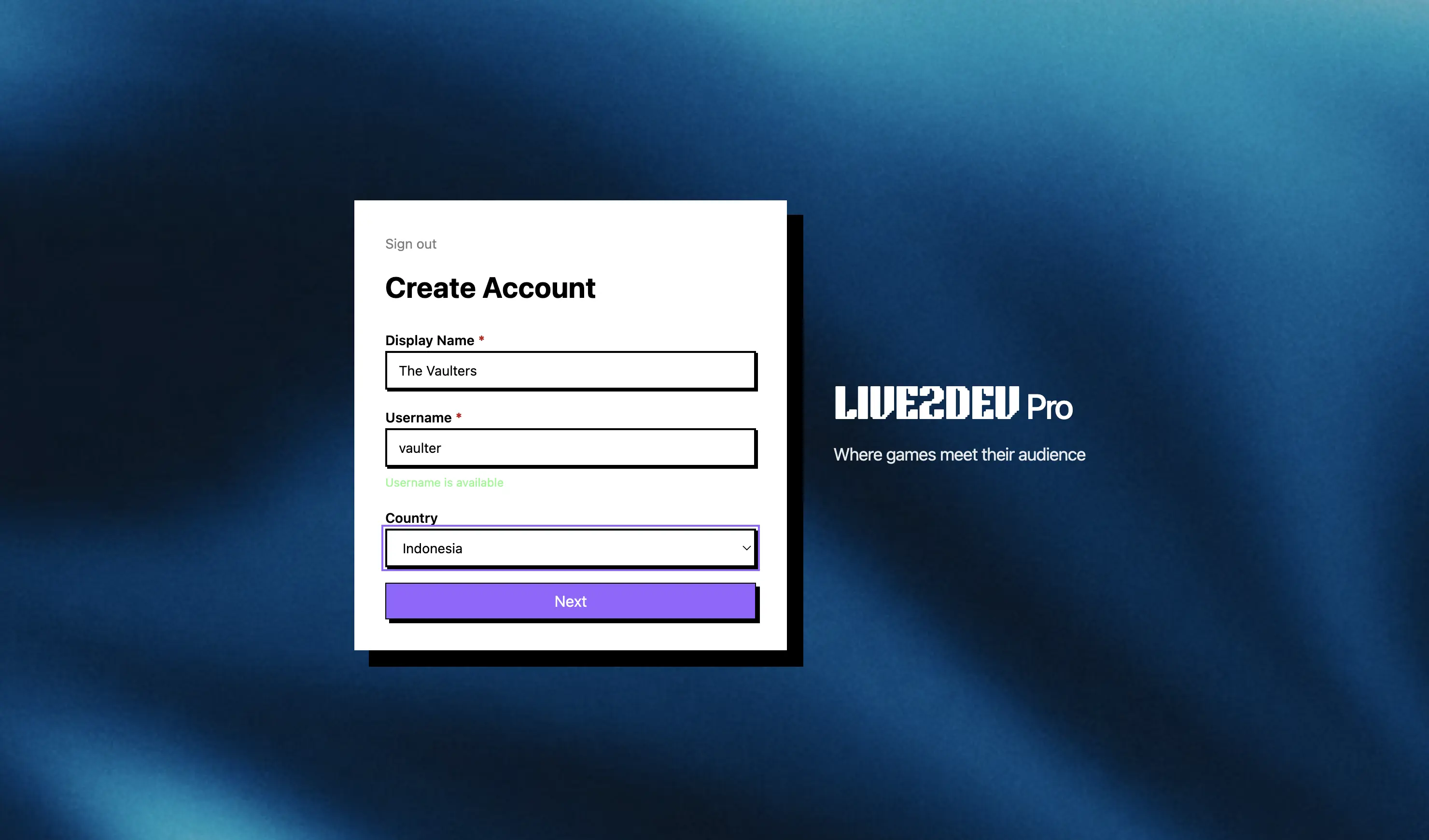 Create Account
form