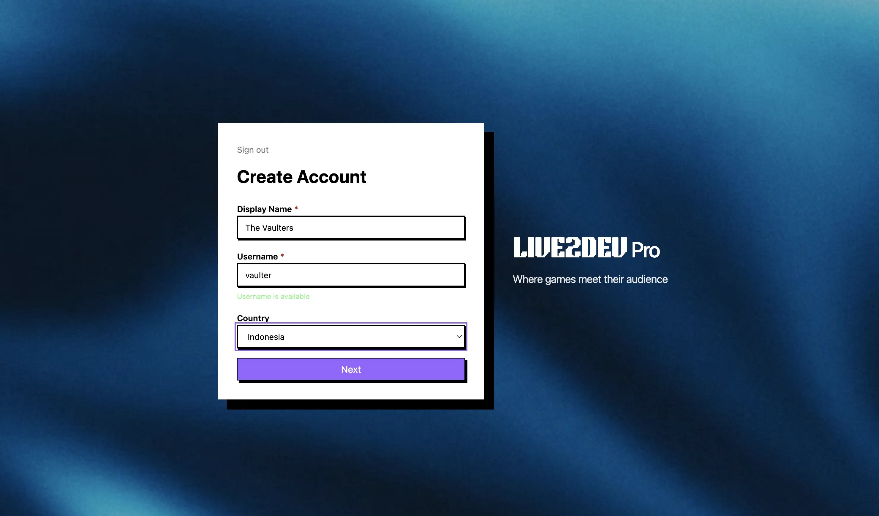 Create Account
form
