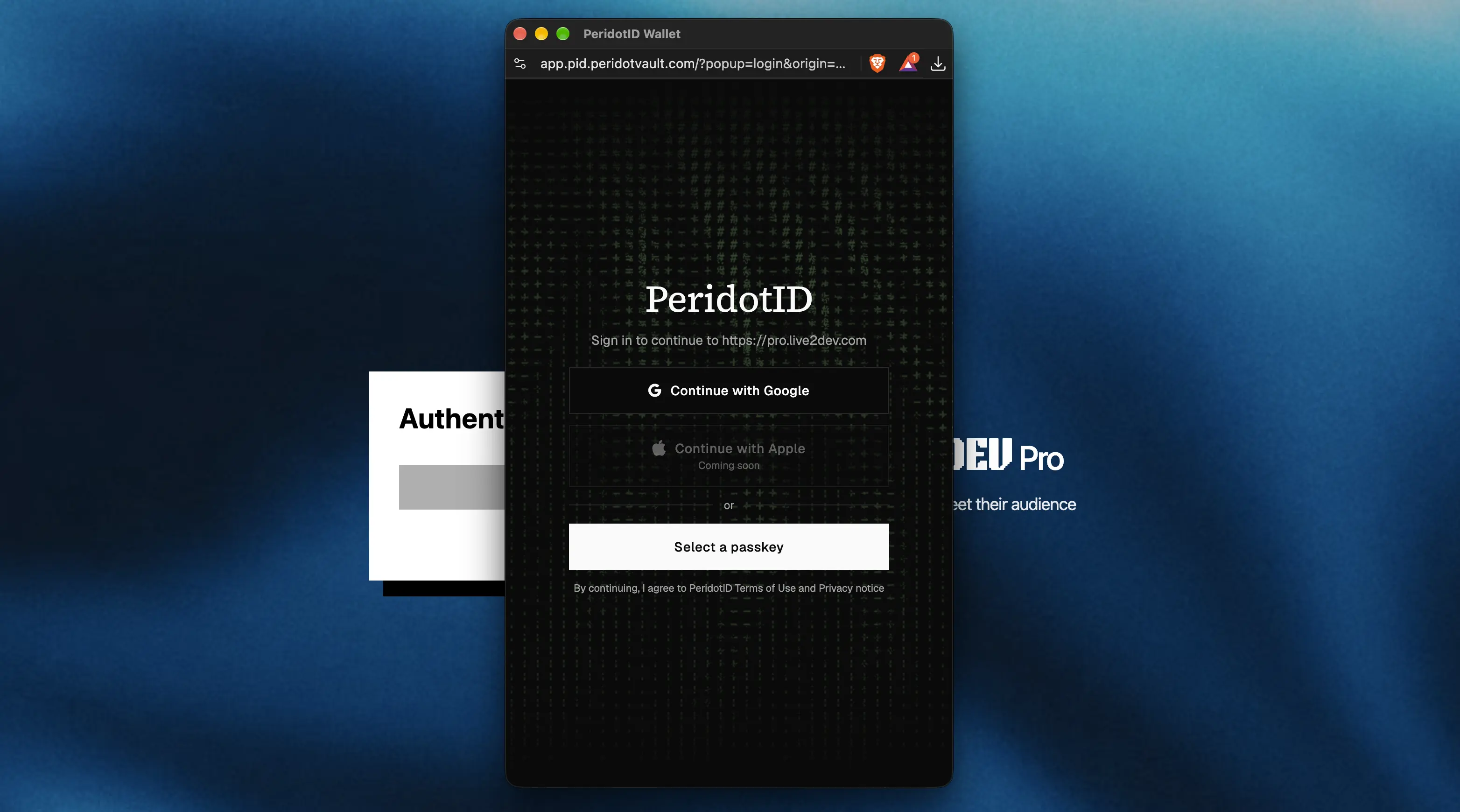 PeridotID login
popup