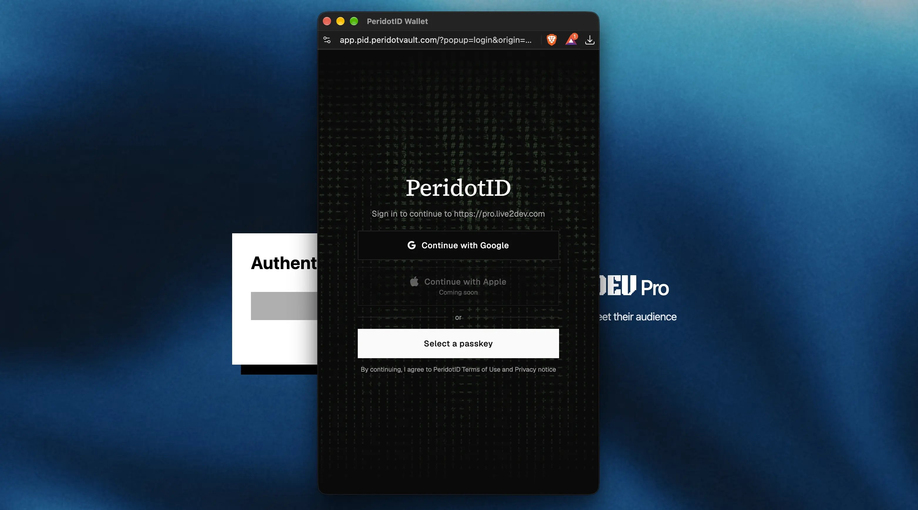 PeridotID login
popup