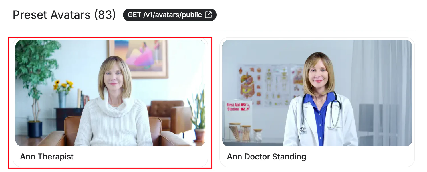 Selecting the Ann Therapist avatar from the preset avatars list