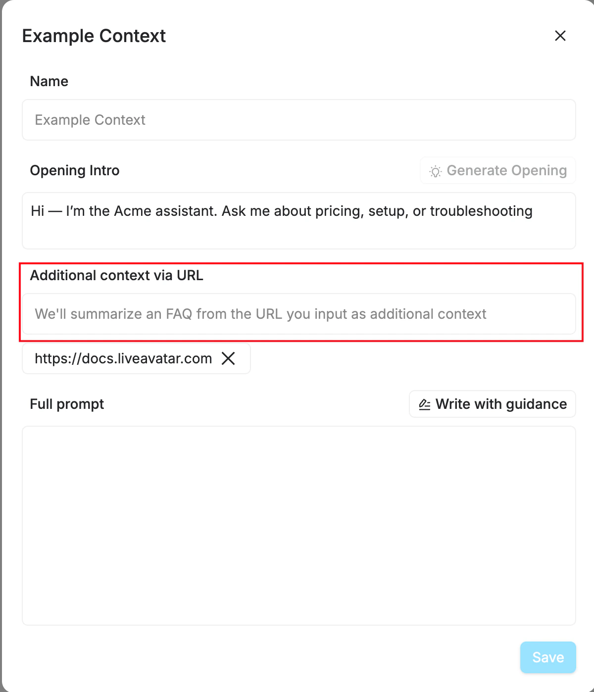 Context editor with Name, Opening Intro, URL, and Full prompt fields