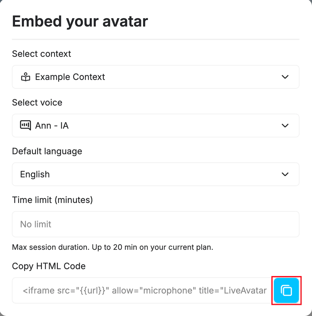 Embed your avatar modal with context, voice, language, and time limit fields