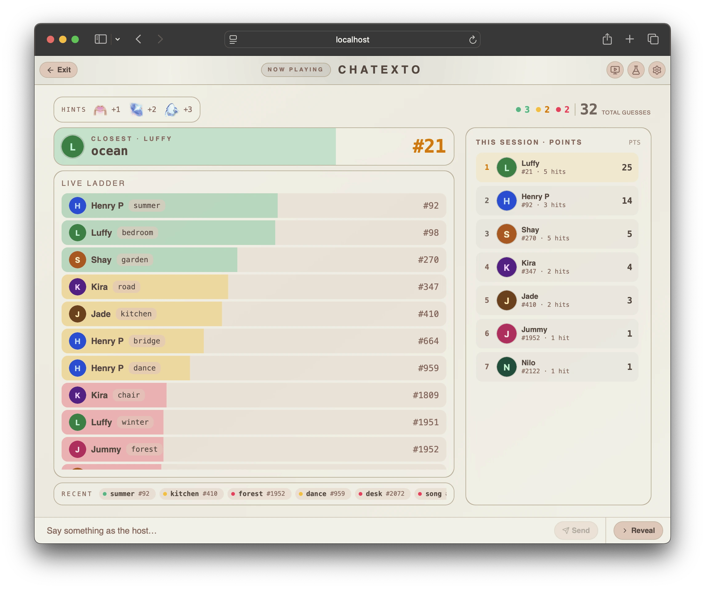 The Chatexto game screen: a closest-guess hero, a live ladder of ranked guesses, and a points leaderboard