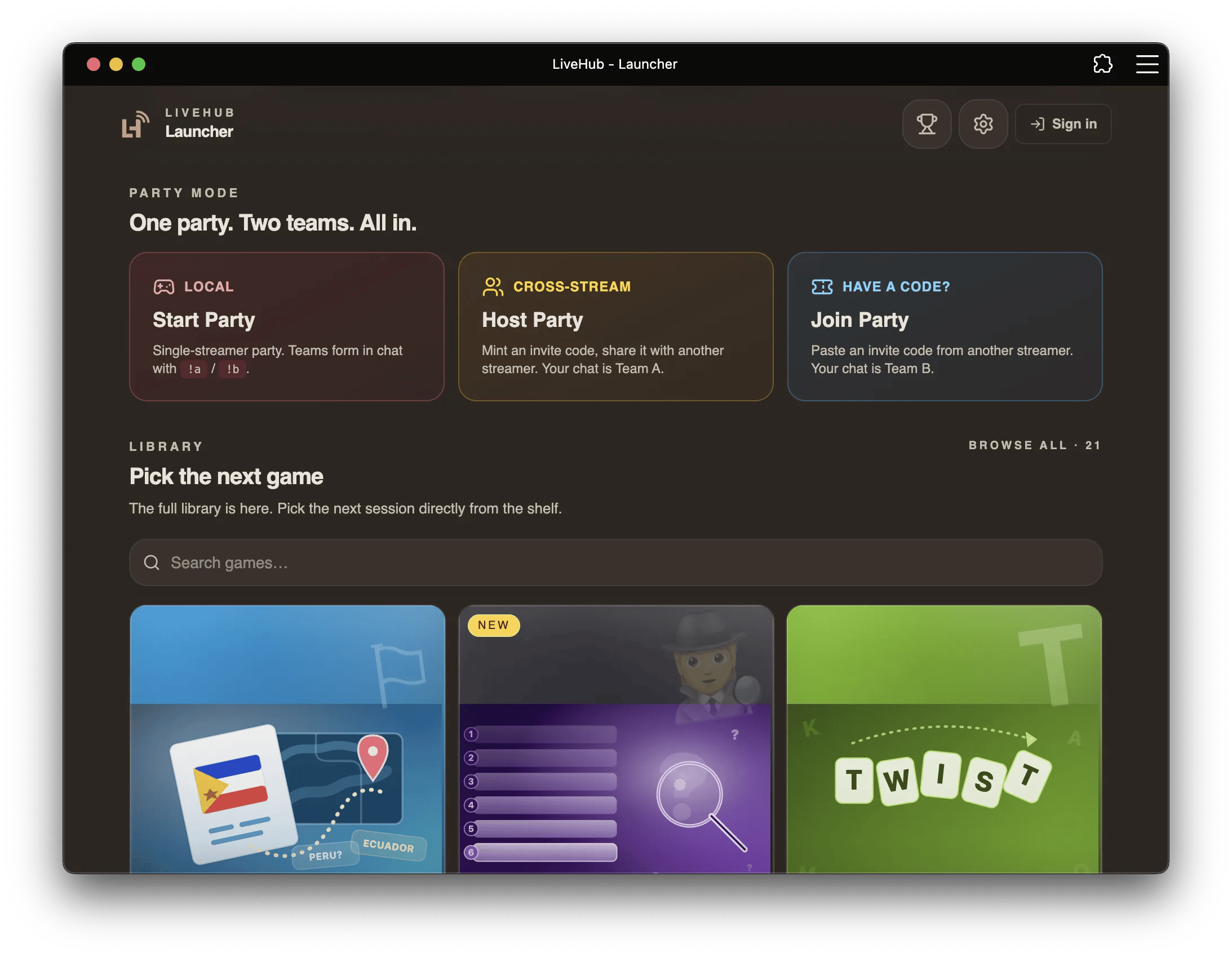 LiveHub launcher showing Party Mode options and the game library