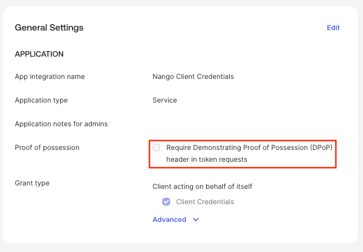 DPoP toggle disabled