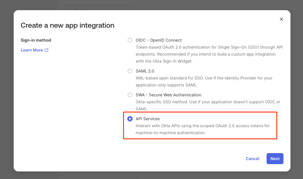 Okta application creation dialog with API Services selected