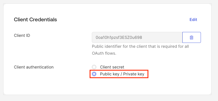 Client authentication set to Public key / Private key
