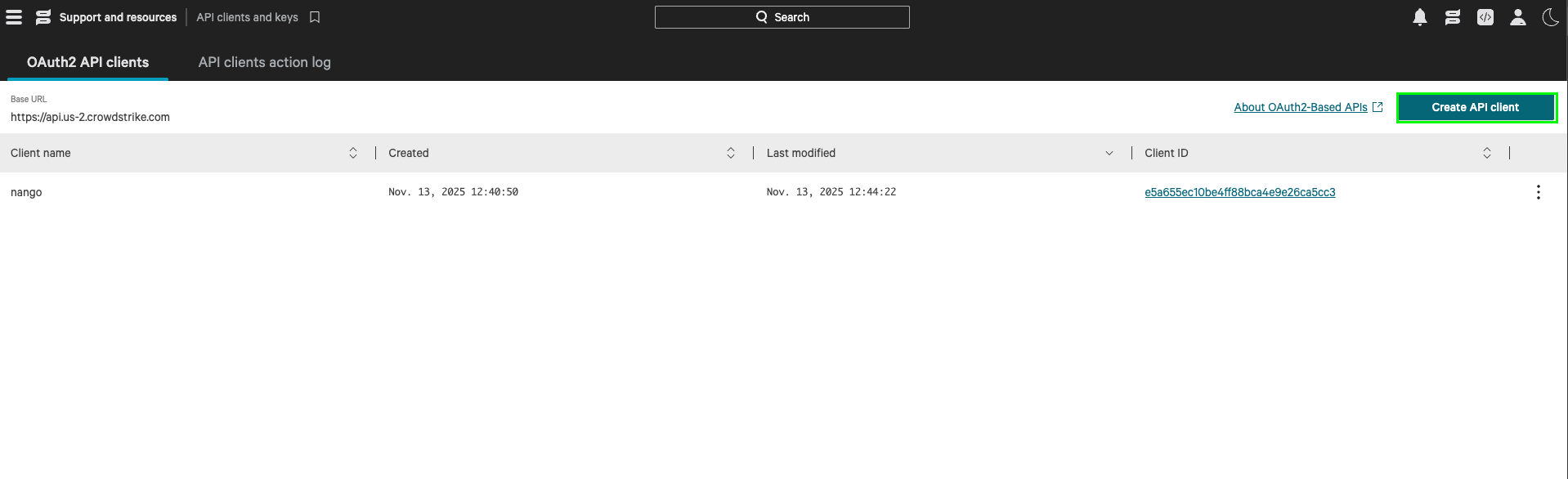 Create API Client button