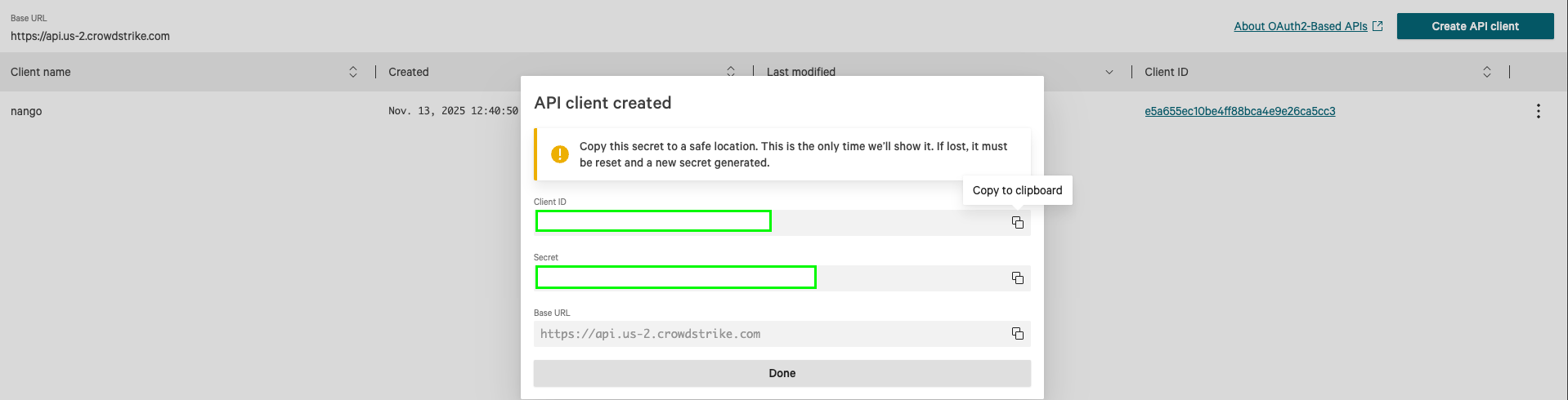 CrowdStrike API credentials display