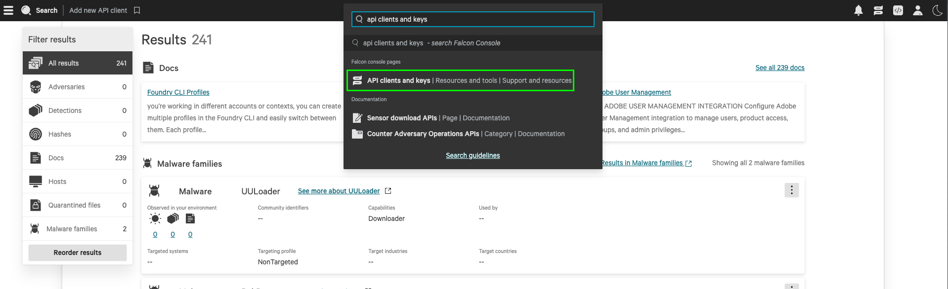 CrowdStrike search bar with API Clients and Keys