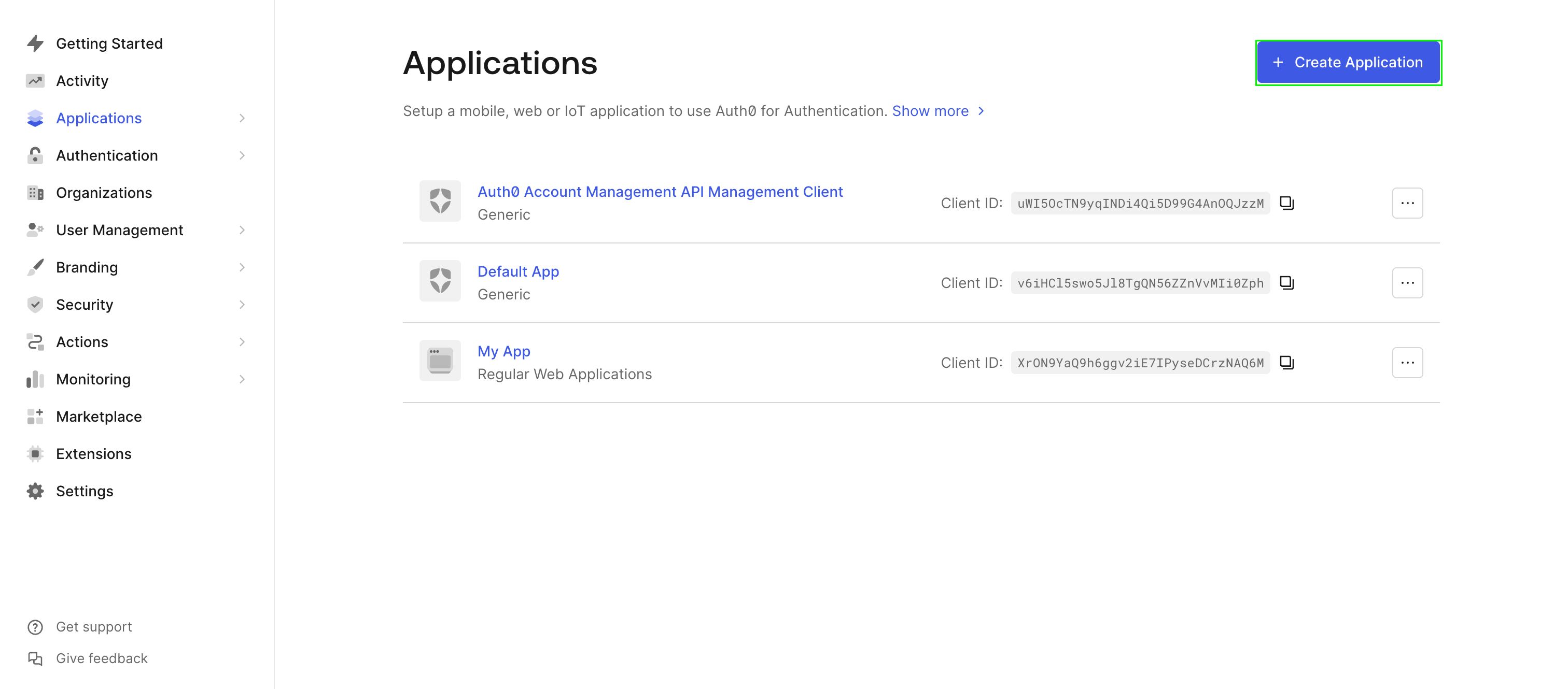 Auth0 Create Application button