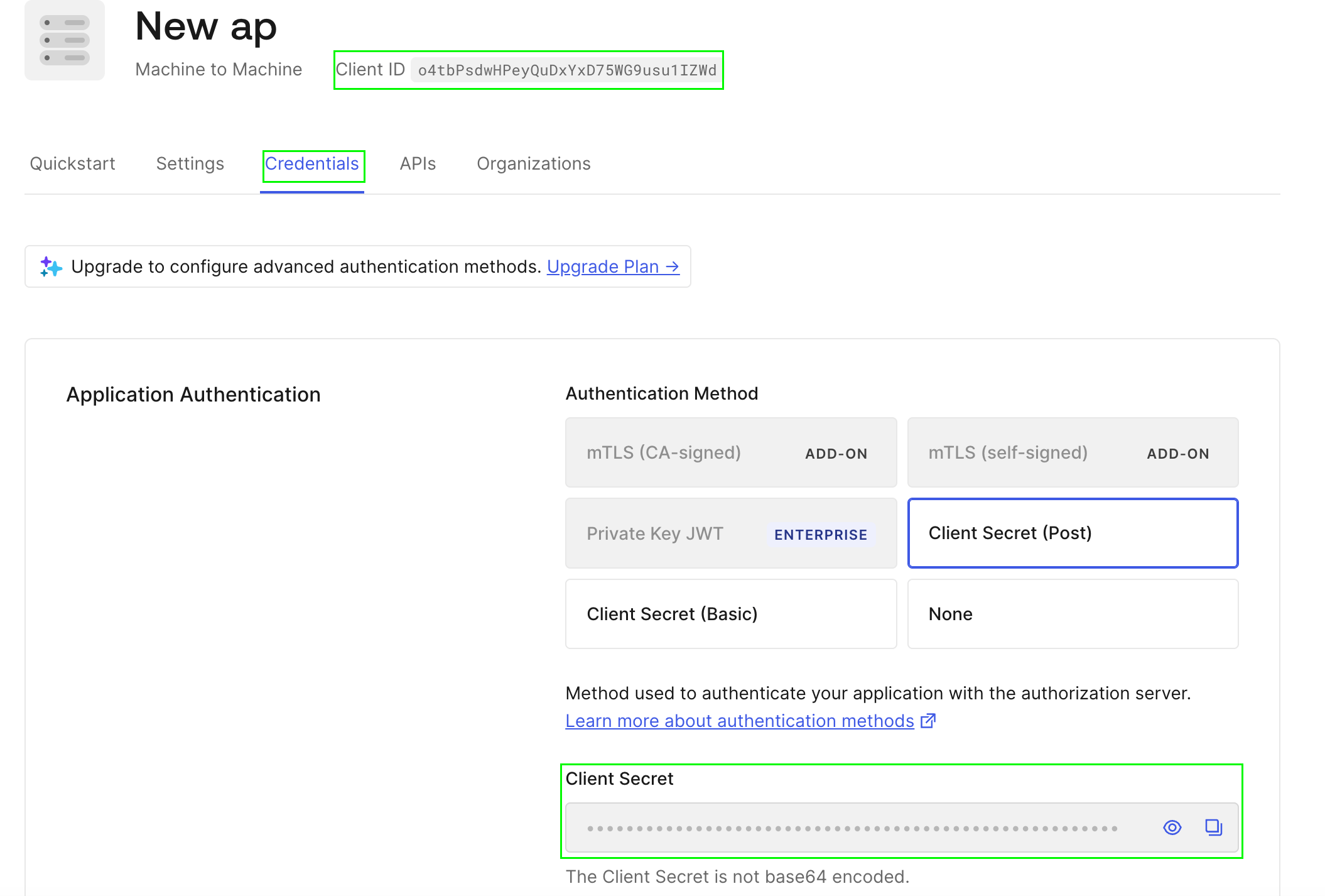 Auth0 credentials section showing Client ID and Client Secret