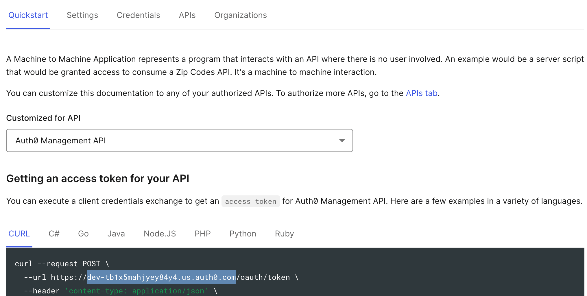 Auth0 Quickstart showing the domain in the token request example