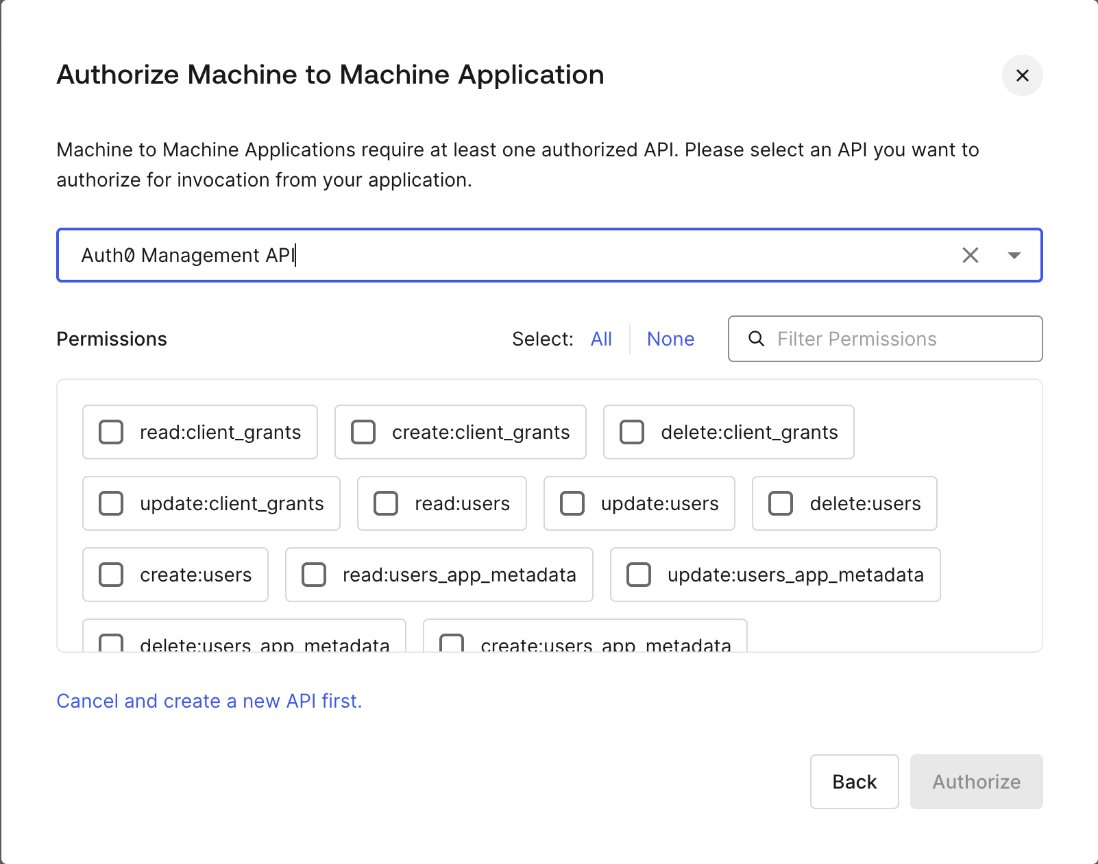 Auth0 API permissions selection