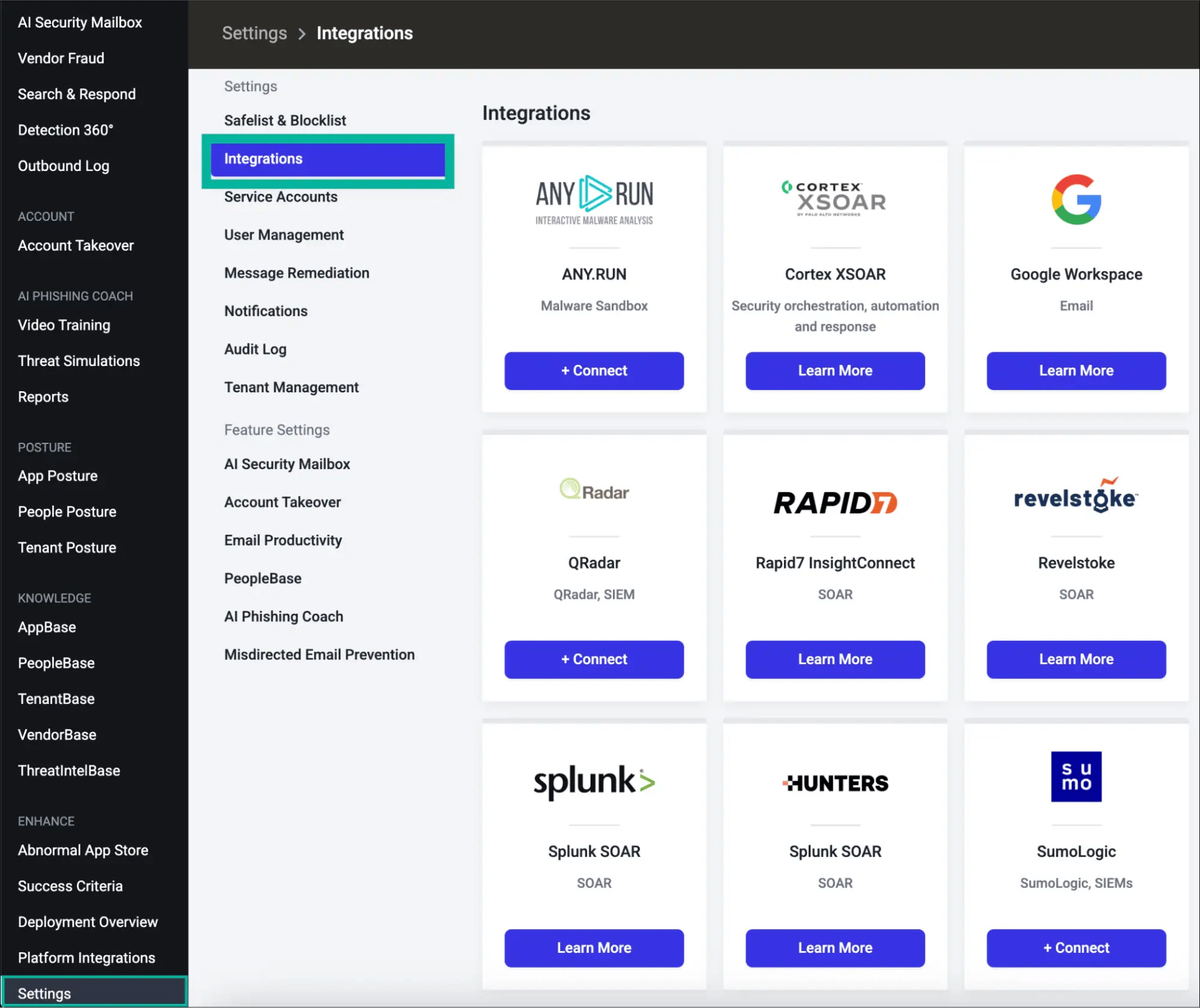 Abnormal Security Settings menu showing Integrations option