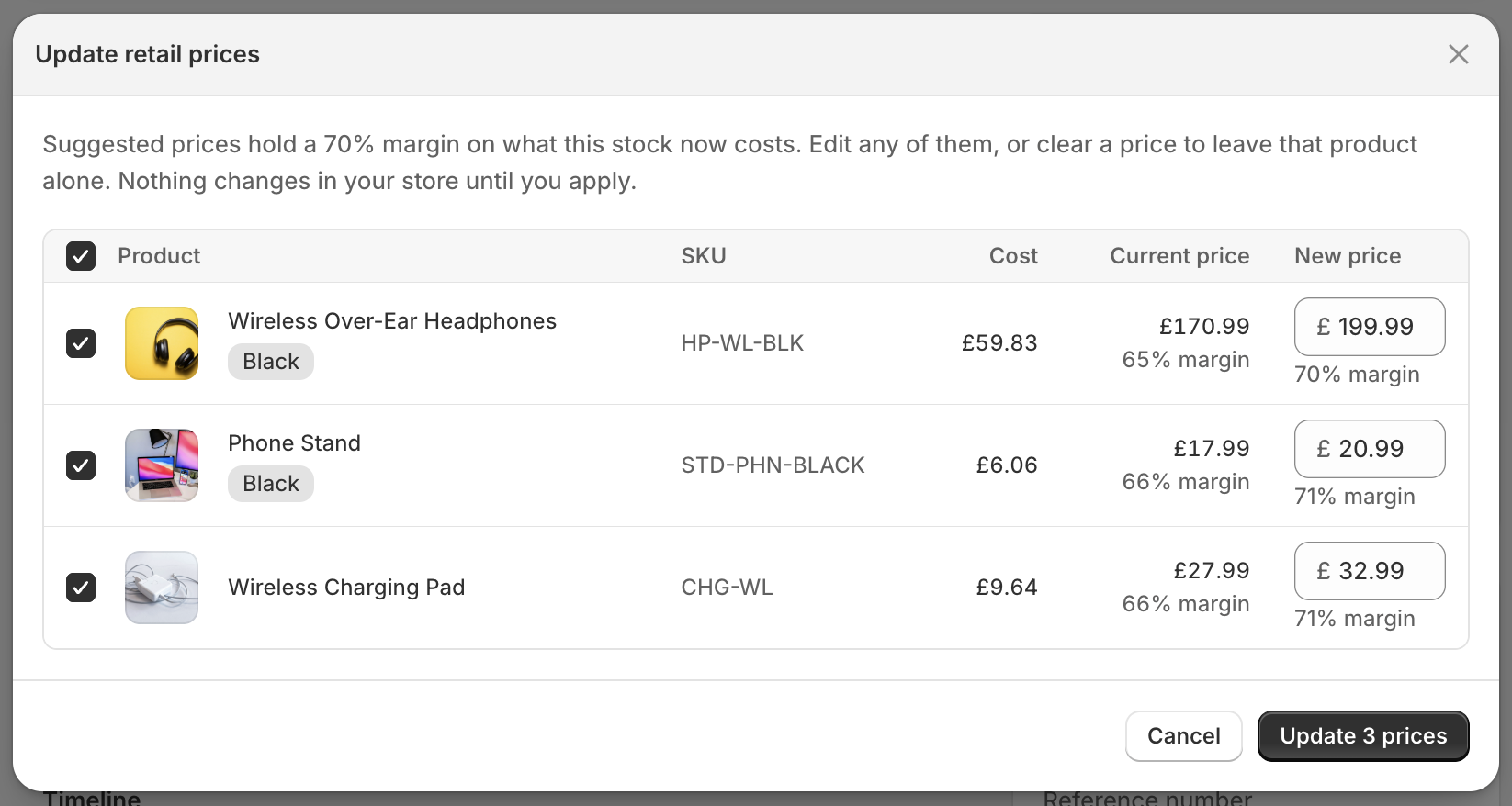 Reviewing suggested retail prices, with cost, current price and the margin each would give