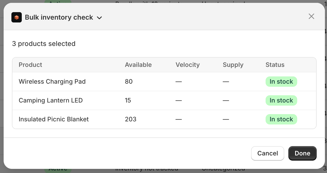 The Bulk inventory check modal showing availability and status for the selected products