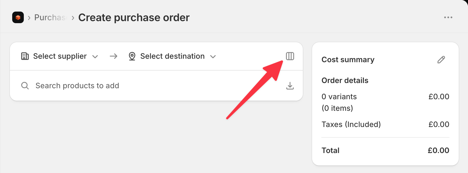 The columns button at the end of the supplier bar on a purchase order