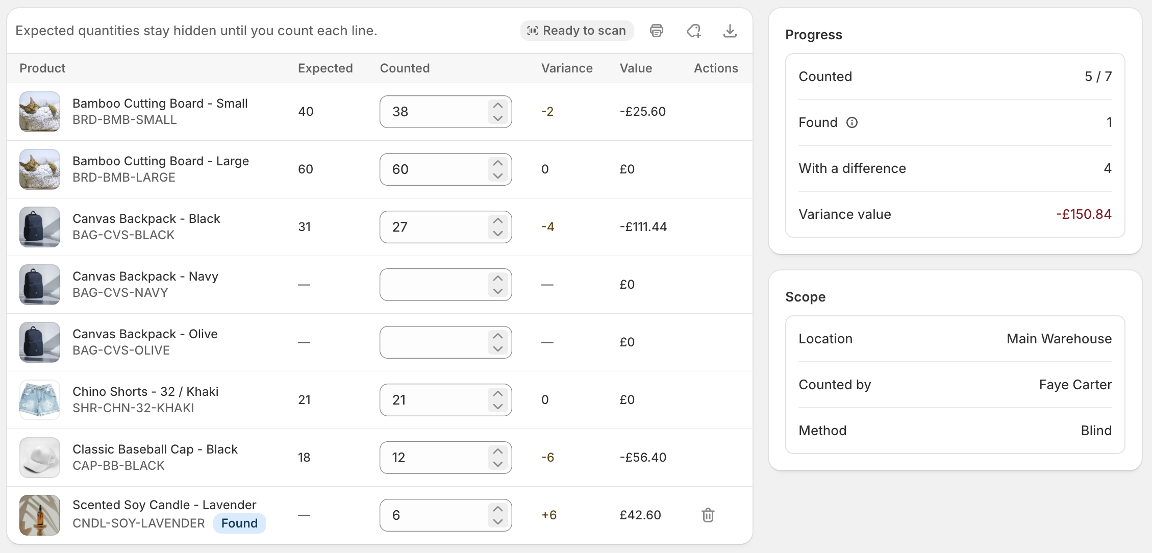 A count sheet with counted quantities, variances and a found item