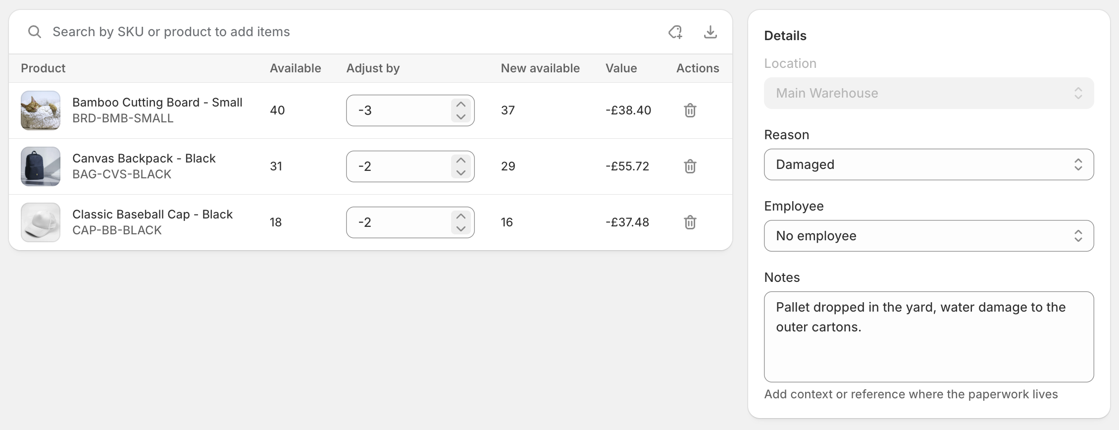An adjustment document with line items