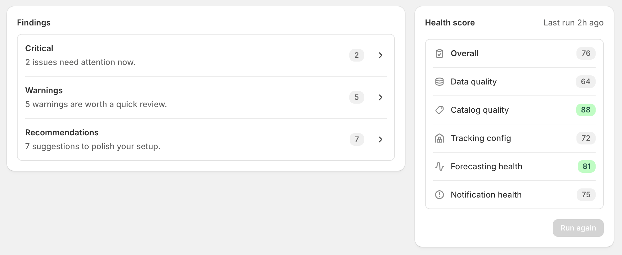 Health check findings and score