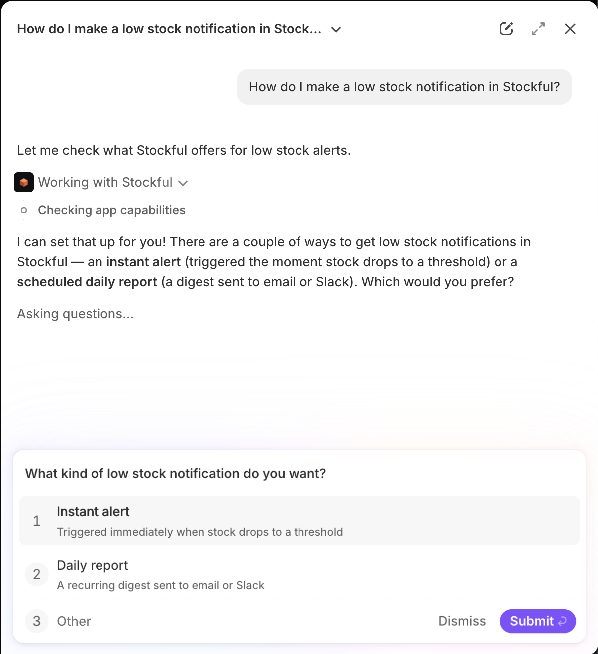 Shopify Sidekick setting up a low stock alert through Stockful