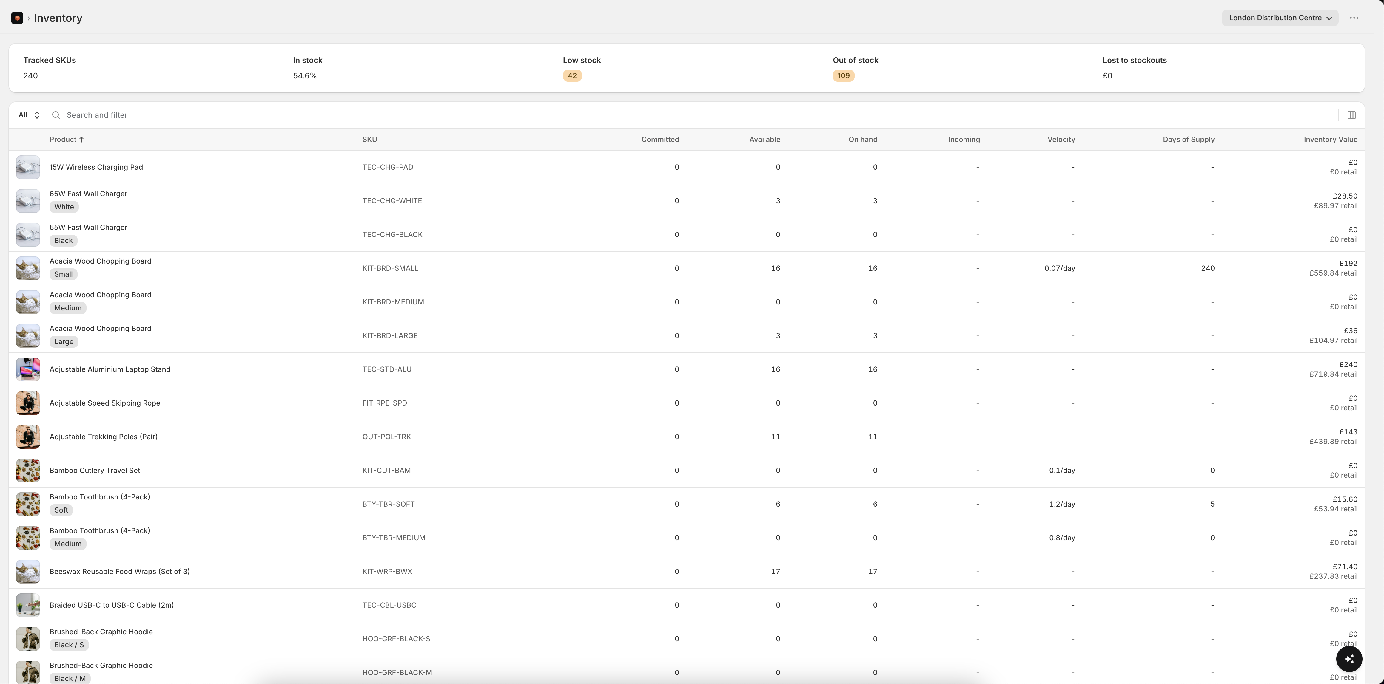 The inventory list with search and filters