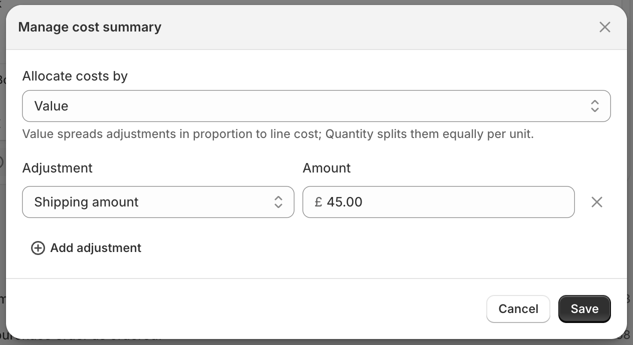 Purchase order cost summary with a shipping adjustment