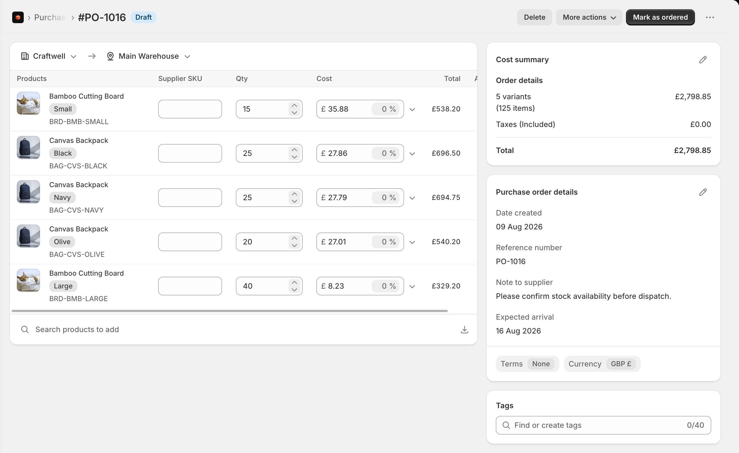 A draft purchase order with supplier, destination, and line items