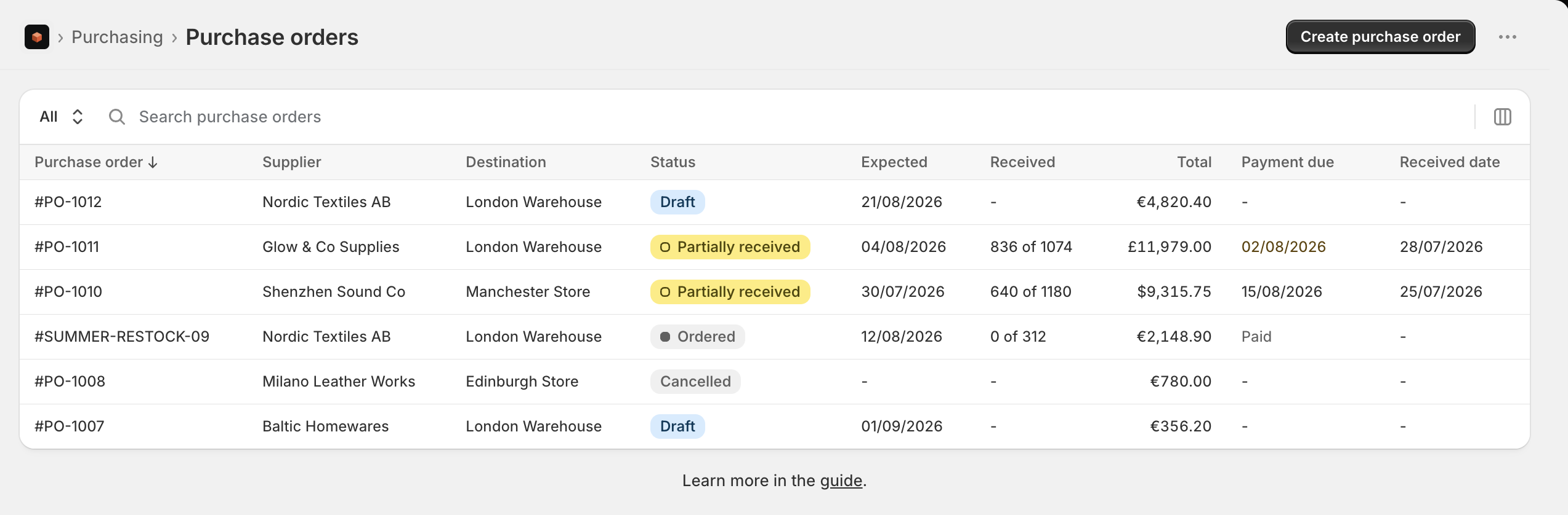 The purchase orders list