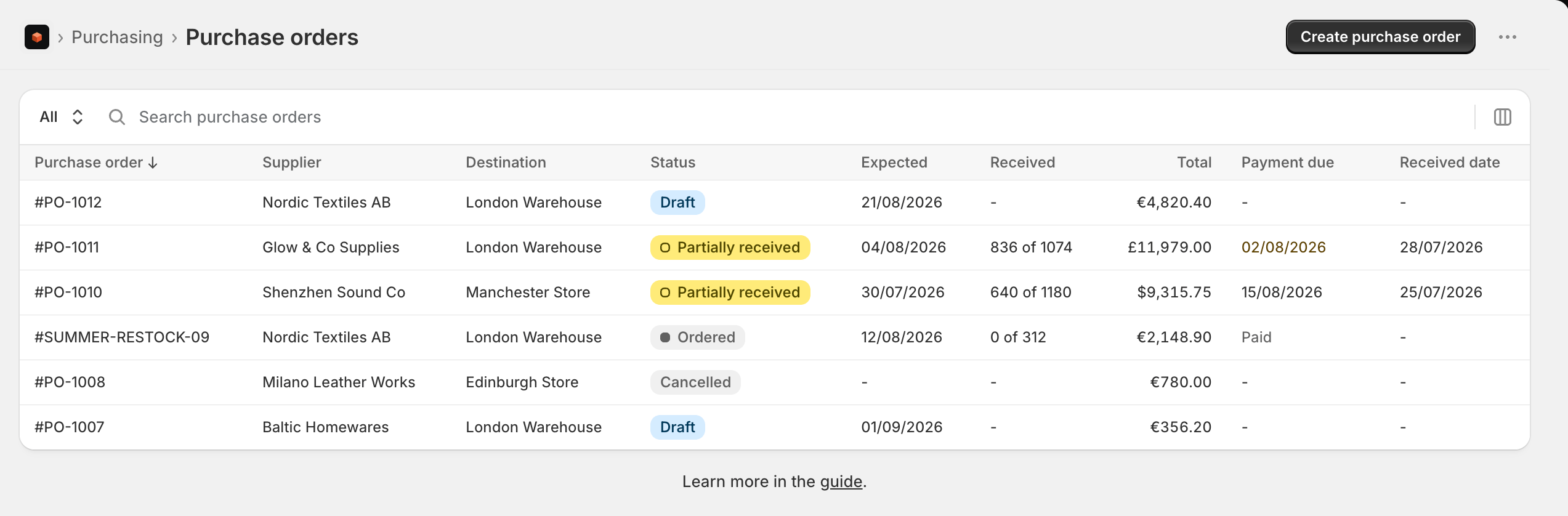 The purchase orders list