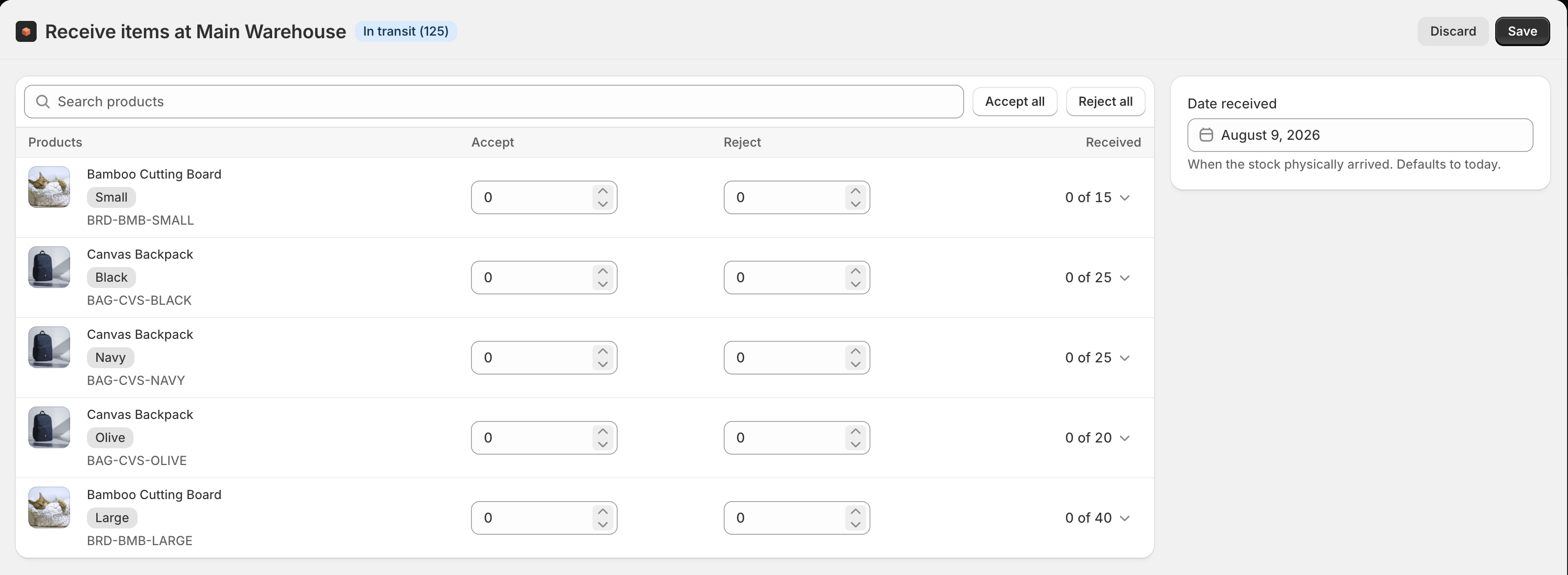 Receiving against a purchase order with per-line quantities
